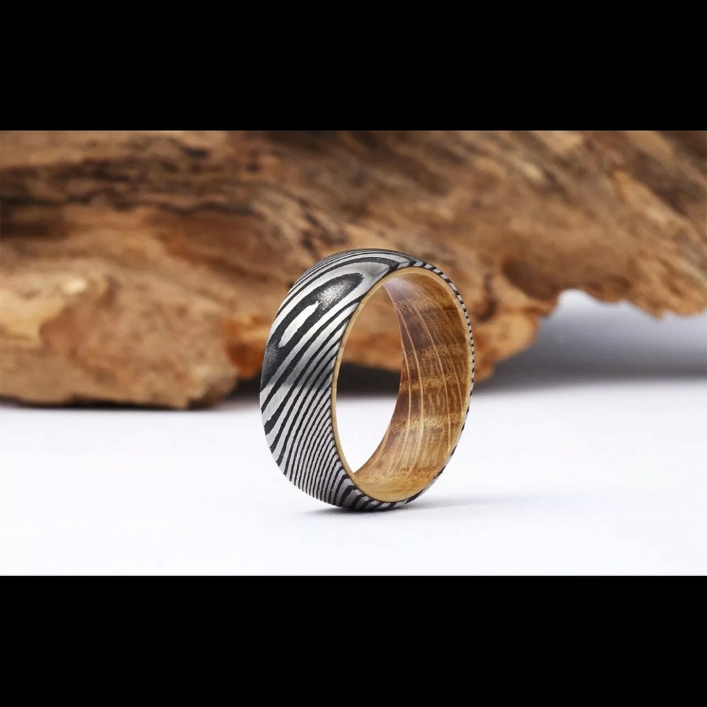 DamascusWhisky Barrel Steel Ring Wood Wedding Band